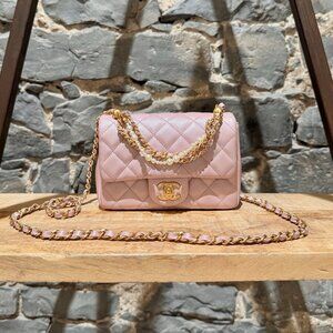 Chanel 2024 Shiny Pink Lambskin Mini Square Pearl Twist Chain Flap Bag